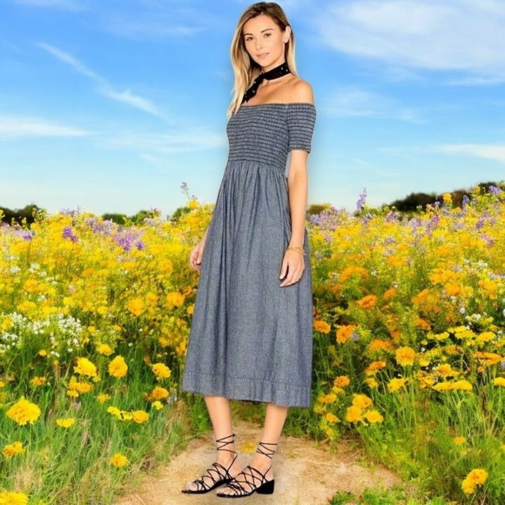 The Great.‎ midi dress size S Carnival Indio Denim Chambray off shoulder bardot